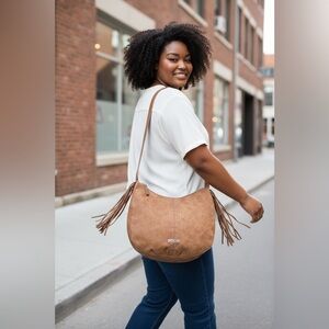 NEW,Kenneth Cole Reaction, Brown Hobo Bag Fringe Studded Shoulder Bag, Boho Chic